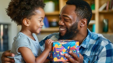 Obraz premium A man with short hair wearing a blue shirt is holding a little girl in a pink dress who is joyfully holding a wrapped gift.