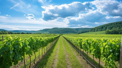 Naklejka premium Lush green vineyard with rows of grapevines stretching towards rolling hills under a vibrant blue sky with clouds