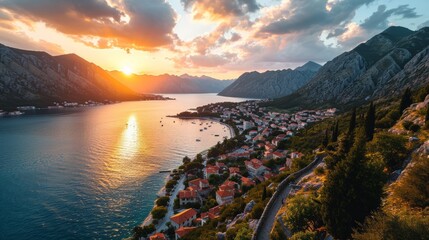Generative AI Bay silhouette, drone's vantage, fading sunlight, coastal charm, detailed and vivid sunset at Boka Kotor Bay