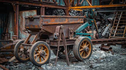 A rusty wheelbarrow sits on a rocky hillside