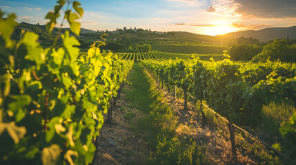 Warm sunset light bathes a picturesque vineyard with neat rows of grapevines in a tranquil...