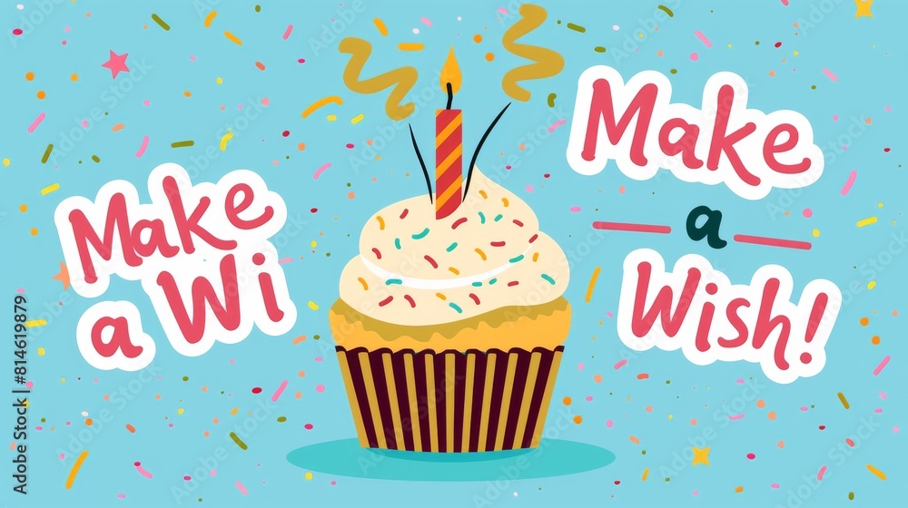 Poster a cupcake with a lit candle on top of it with the words make a wish written below it
