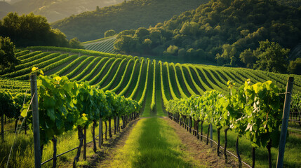 Fototapeta premium Serene photo capturing the lush rows of grapevines in a picturesque vineyard bathed in the golden light of sunset