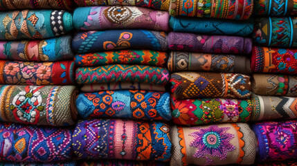 Colorful traditional textiles stacked in vibrant patterns