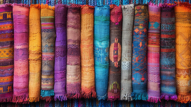Colorful traditional fabric rolls displayed in vibrant patterns