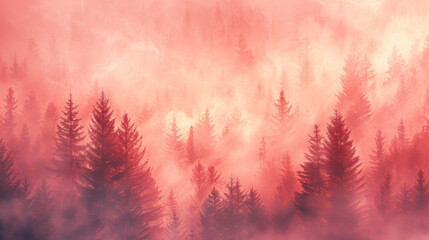 Mystical red forest scene with fog and pine trees