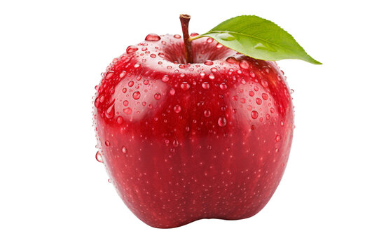 A red apple with a green leaf isolated on transparent background , there is a droplet on the apple.