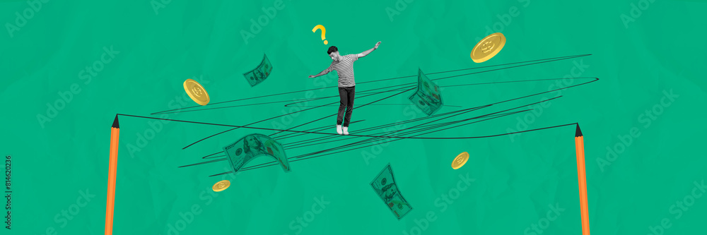 Canvas Prints Composite trend artwork sketch image photo collage of money dollar banknote coins young man confused keep balance rope between pencil