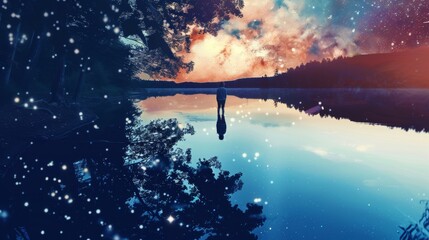 Dreamy Double Exposure Photography: Star Gazing Reflection on Still Lake.