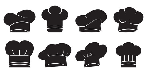 Chef hat flat icon set. Chef hat black vector illustration, chef hat silhouettes, kitchen silhouettes.