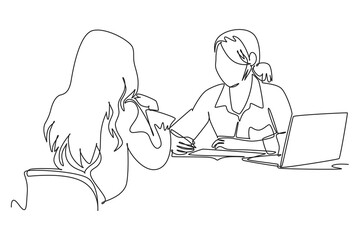 One continuous line drawing of client and customer concept. Doodle vector illustration in simple linear style.