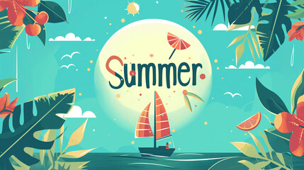 Summertime at the beach, bright and positive illustration banner. Summer vacation and tropical season beautiful card design with palm leaves decoration and text &bdquo;Summer&rdquo;