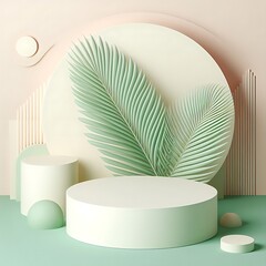 Podium putih 3d dengan hiasan daun. latar belakang produk