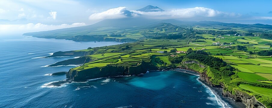 Aerial view of Ilheu de Vila Franca do Campo on Ilha do Pico island on Azores archipelagos, Portugal.