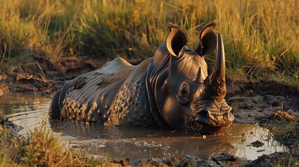 A large hippopotamus is relaxing in a thick layer of mud. The animal is soaking in the mud, surrounded by a messy and damp environment. Its body is partially submerged, enjoying the coolness and moist - Powered by Adobe