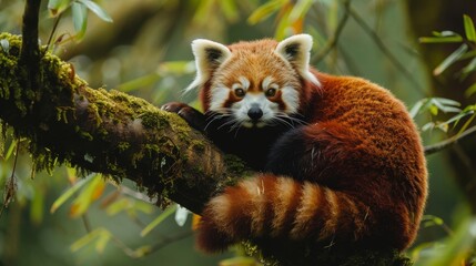 A red and white panda bear is sitting on a tree branch. The bear is looking at the camera