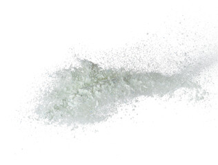 Fototapeta premium Detergent Powder splash fly in air. Detergent Powder pour float in mid air. Detergent Powder blue soap explosion throw fluttering. White background isolated high speed shutter freeze motion