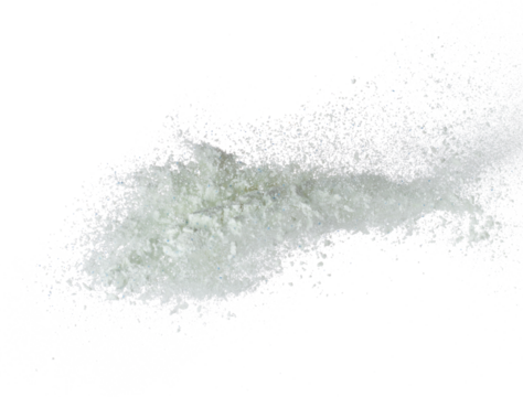 Detergent Powder splash fly in air. Detergent Powder pour float in mid air. Detergent Powder blue soap explosion throw fluttering. White background isolated high speed shutter freeze motion
