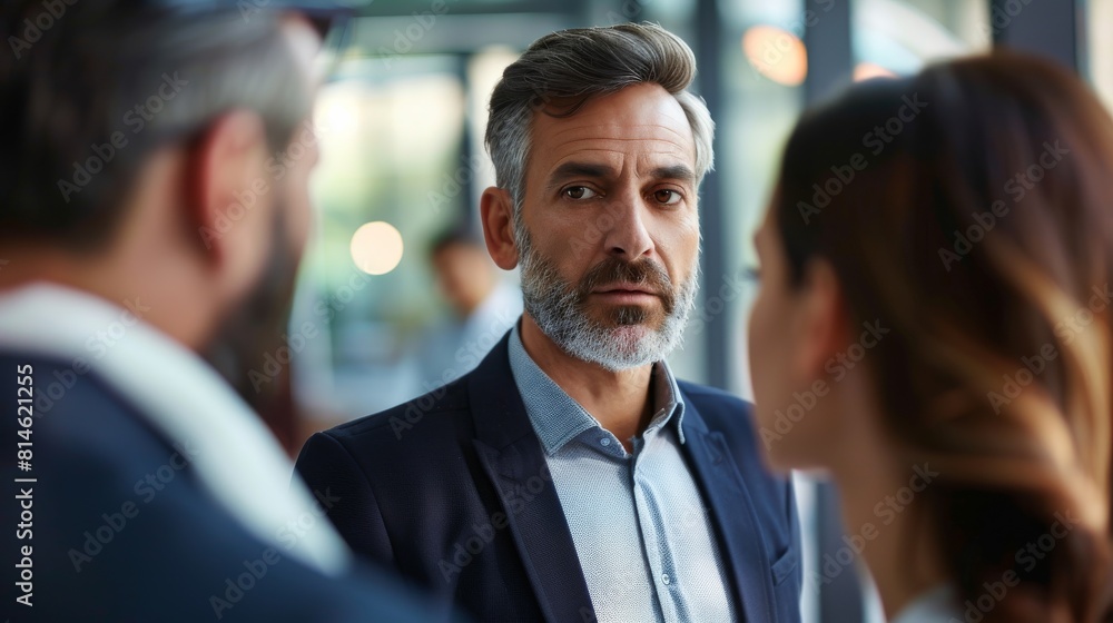 Poster a businessman in a suit engaging in conversation with two women. they are likely discussing business