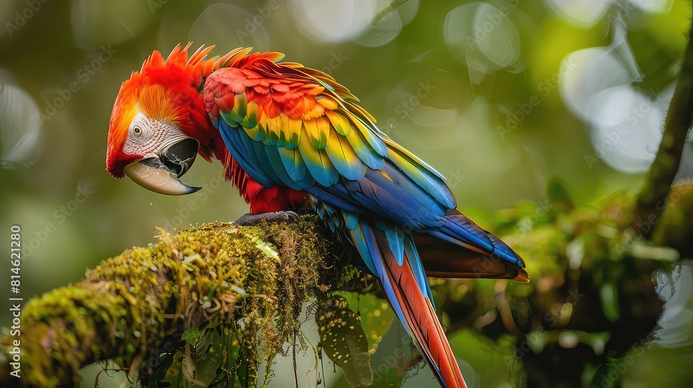 Poster an engaging photo showcasing the vibrant hues and intricate patterns of a scarlet macaw's feathers a