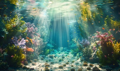 underwater scene with corals and plants in the water,  Generative AI