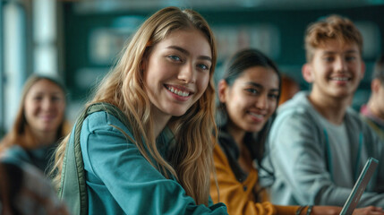 Fototapeta premium Smiling student sitting in class. Education at school or university. Girl student in the audience. Process of learning and education. Teenager in class