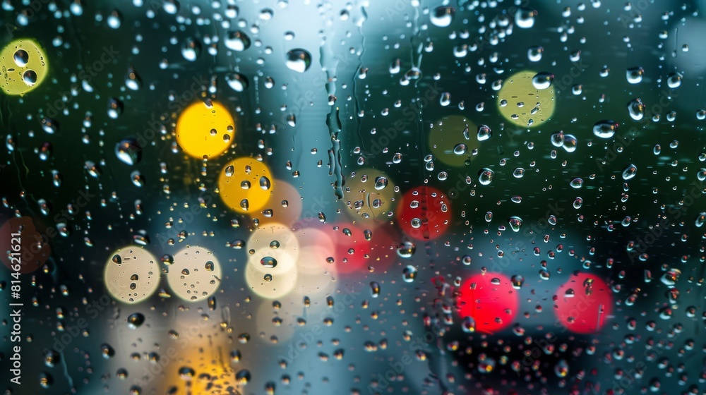 Poster Rain drops are seen on a window, with blurred traffic lights in the background. The drops create a pattern on the glass as vehicles pass by, creating a contrast between the wet window and the urban su
