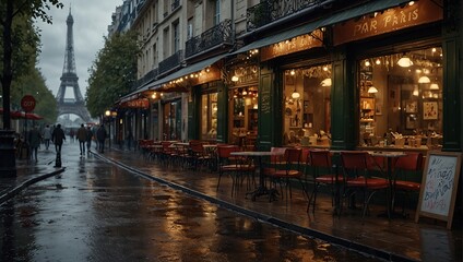 Fototapeta premium a street cafe in paris, Eiffel Tower, beautiful, raining