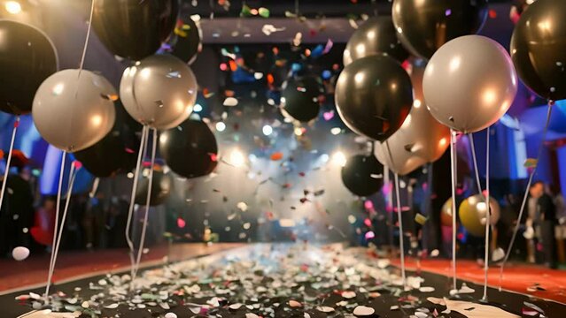 high fashion party with runway lights, chic black and silver balloons, and sparkling diamond confetti