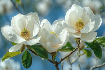 Magnolia Tree in Bloom: Large white flowers against glossy green leaves. 