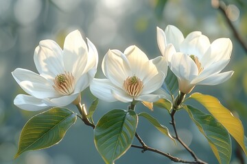 Magnolia Tree in Bloom: Large white flowers against glossy green leaves. 