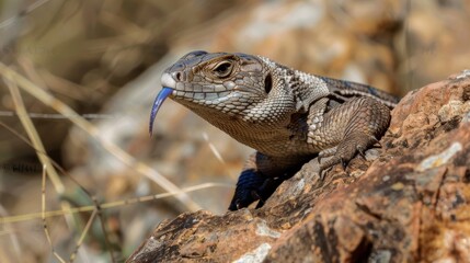 Fototapeta premium A lizard with a blue beak is seen perched on a rock in a natural habitat. The reptile is basking under the sun, showcasing its unique features.