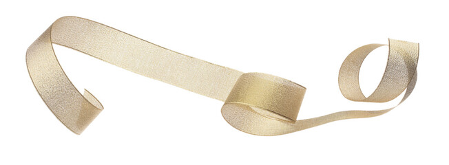 Gold ribbon long straight fly in air with curve roll shiny. Gold ribbon for present gift birthday...