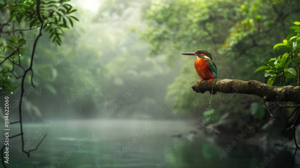 Poster a vibrant madagascar kingfisher bird with colorful plumage is perched on a tree branch in a natural 