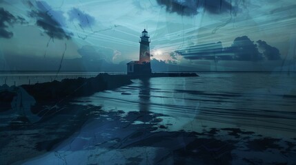 Serene Seascape with Lighthouse Silhouette Double Exposure