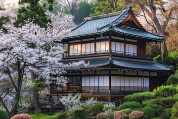 Obraz premium A traditional Japanese national house stands tall, with a plethora of green trees in front of it. The lush foliage provides a serene backdrop to the architectural beauty of the building.