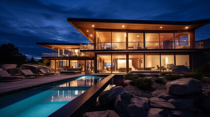 Maison d'architecture moderne, villa de luxe avec piscine extérieure. Arrière-plan pour conception et création graphique.