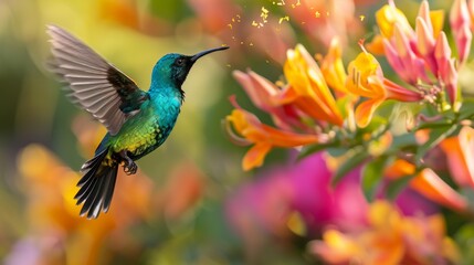 Obraz premium A Madagascar Green Sunbird, a type of hummingbird, hovers gracefully over a vibrant bunch of flowers, showcasing its agile flight and delicate beauty.