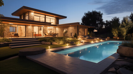 Maison d'architecture moderne, villa de luxe avec piscine extérieure. Arrière-plan pour conception et création graphique.