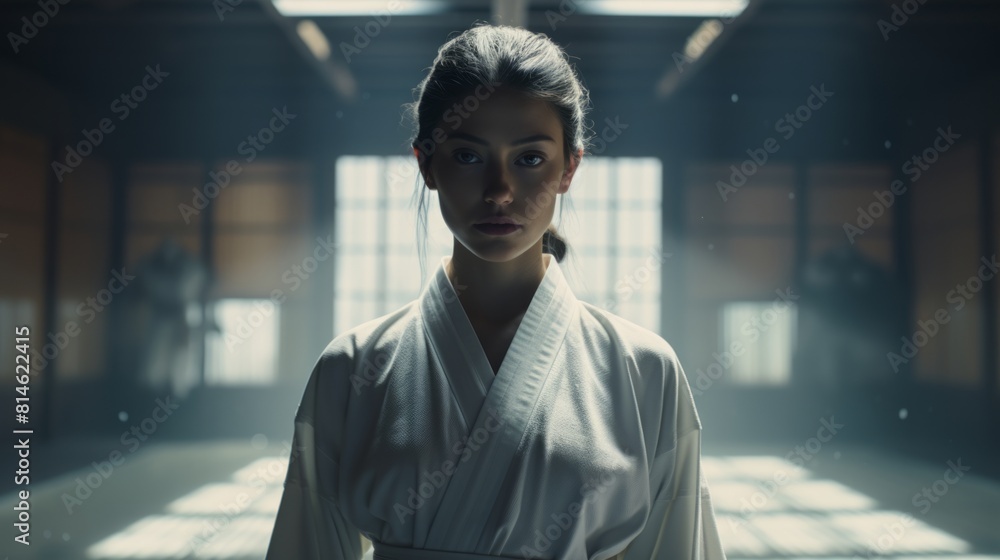 Poster generative ai the ambiance of a girl gracefully executing kata in a kimono within the dojo's tranqui