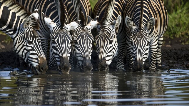 Spectacular scene of a dazzle of zebras gathered around a waterhole, their striking black and white stripes reflected in the shimmering water as they quench their thirst. 