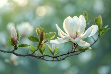 Obraz premium Magnolia Tree in Bloom: Large white flowers against glossy green leaves. 