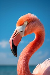 Vibrant pink flamingo standing in the foreground of a tranquil beach setting © Wirestock