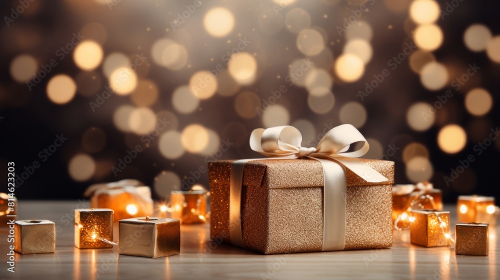 Poster generative ai ultra-realistic depiction of elegant white and gold christmas presents arranged artful