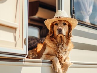 A golden retriever in a hat stands by the camper. AI generated.