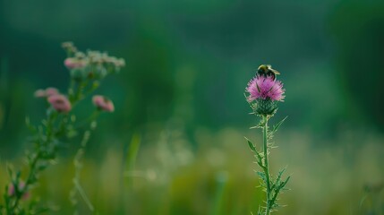 Fototapeta premium Nature's beauty encapsulated in a single frame: a bumblebee gracefully poised on a thistle, with the simplicity of the green background enhancing the purity of the moment. 