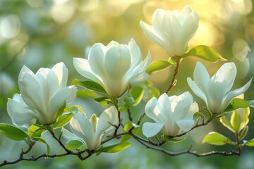 Magnolia Tree in Bloom: Large white flowers against glossy green leaves. 