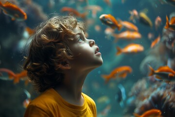 Little boy looking at the fish tank in the aquarium. Aquarium background,