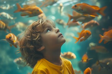 Little boy looking at the fish tank in the aquarium. Aquarium background