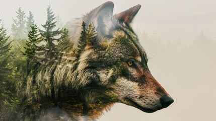 Enigmatic Wolf and Forest Fusion Double Exposure Art